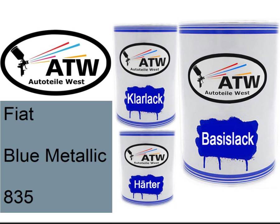 Fiat, Blue Metallic, 835: 500ml Lackdose + 500ml Klarlack + 250ml Härter - Set, von ATW Autoteile West.